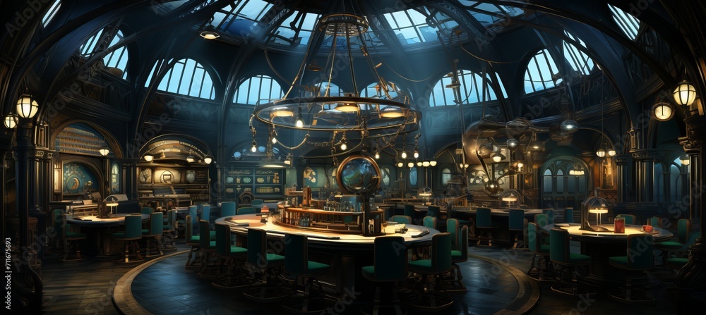 Steampunk laboratory  intricate brass machinery and glowing concoctions in sunlit space