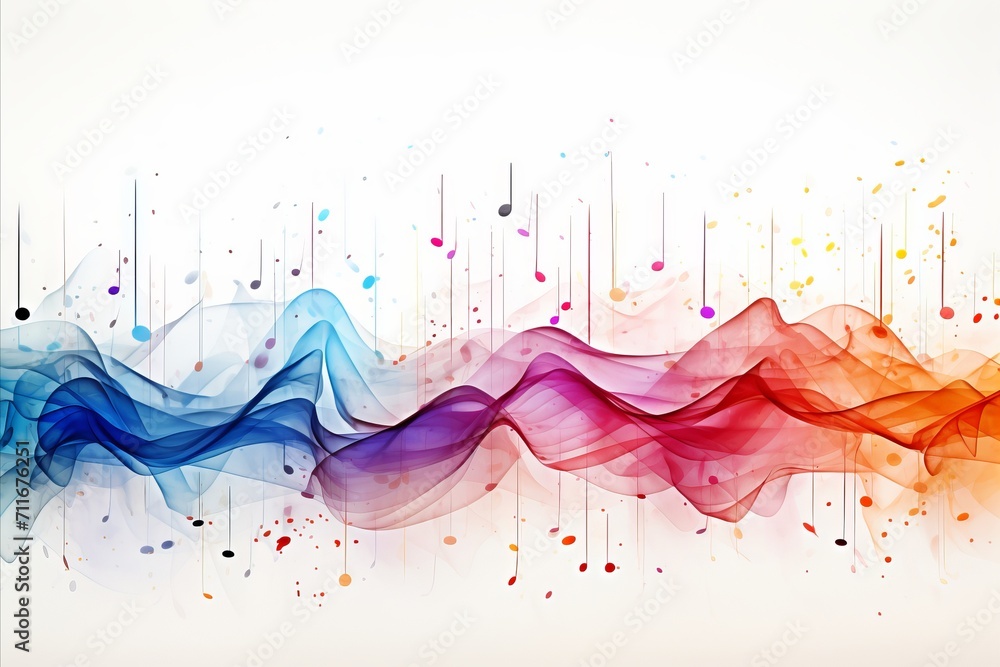Colorful musical abstract background with neural network generated flying notes on white backdrop - obrazy, fototapety, plakaty 