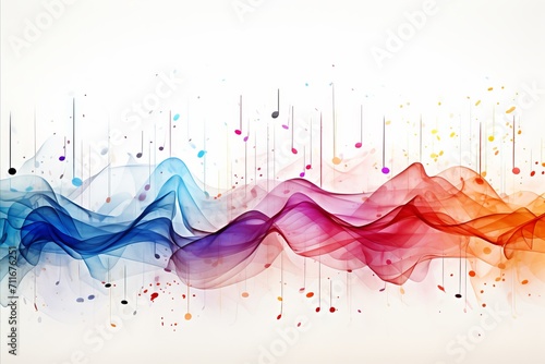 Colorful musical abstract background with neural network generated flying notes on white backdrop photo
