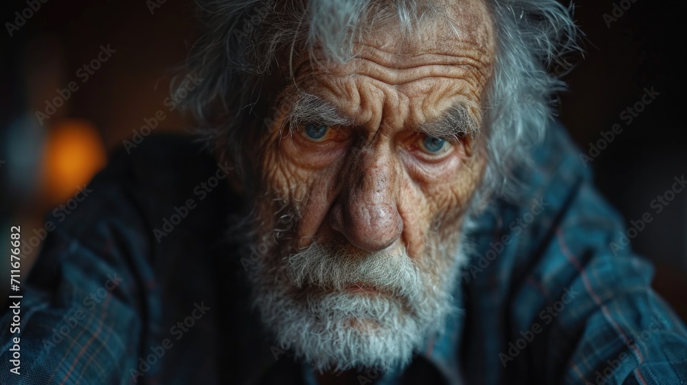Portrait of an old sad man with grey hair and blue eyes.