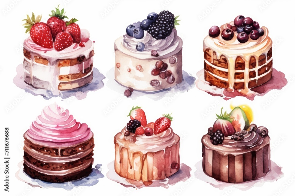 Set of cakes on white isolated background. Sweet dessert for party or Birthday, watercolor illustration. Set of cakes on white isolated background. Sweet dessert for party or Birthday, watercolor illustration.