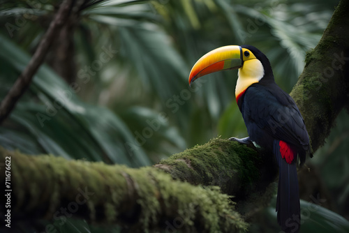 Exotic Toucan on a Branch in Dense Forest Habitat