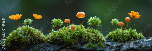 Explore the miniature world of moss on a tree bark, focusing on the tiny structures and spores.