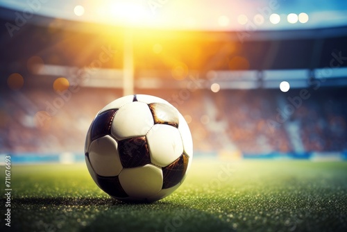 A soccer ball on the green grass of the stadium. © Alexandr