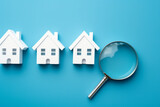 Magnifying glass and three white house icons on blue background. House search, home buying, loan, mortgage and real estate investment. Choice of real estate to buy and invest in. Hunt for new property