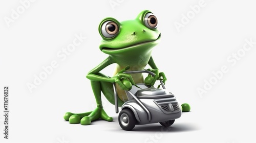 Illustration green frog with a lawn mower White Background.Generative AI