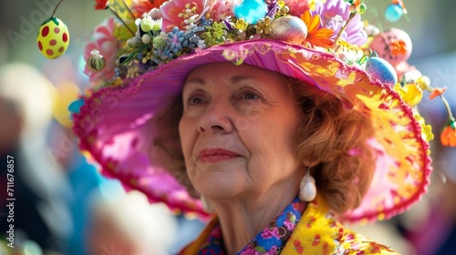 A woman enjoying a joyful event while sporting a hat decorated with Easter-themed decorations