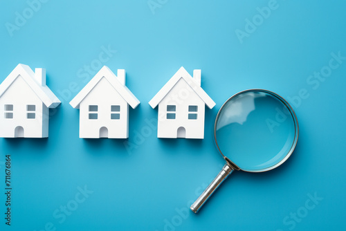 Magnifying glass and three white house icons on blue background. House search, home buying, loan, mortgage and real estate investment. Choice of real estate to buy and invest in. Hunt for new property photo