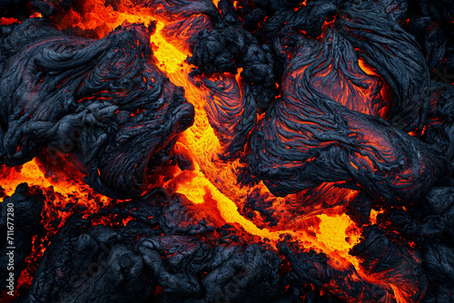 Abstract background of extinct lava of a volcano with red gaps. Flowing magma close-up.
