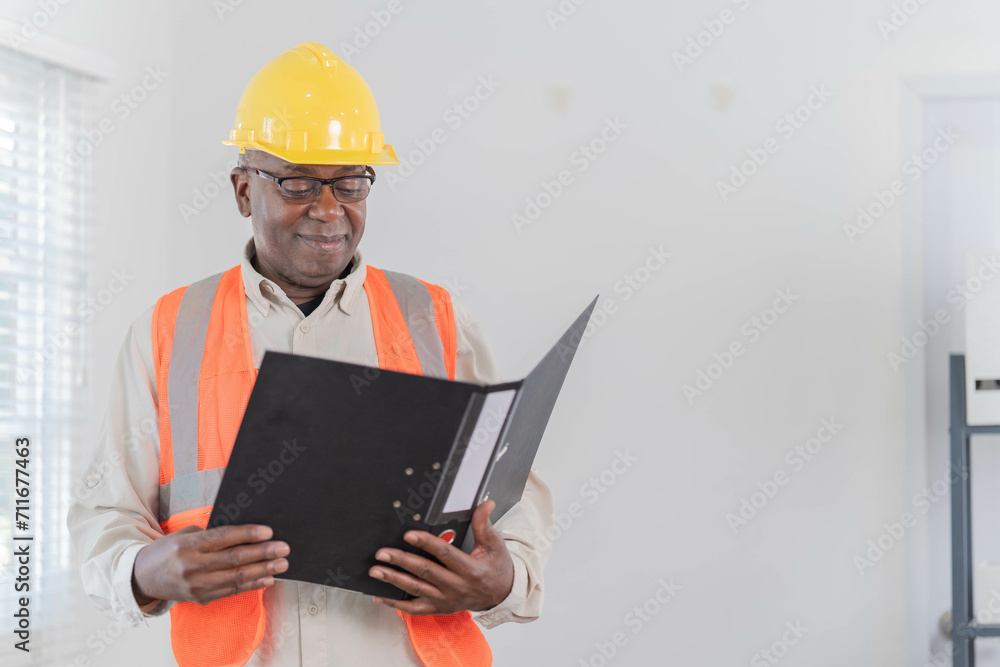 Professional of man architect industrial engineer Standing in the office, foreman in helmet using laptop working with new construction project architectural plan.