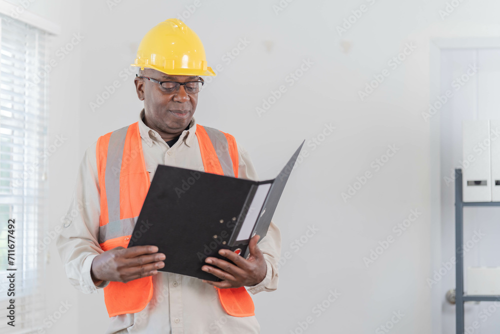 Professional of man architect industrial engineer Standing in the office, foreman in helmet using laptop working with new construction project architectural plan. Professional of man architect industrial engineer Standing in the office, foreman in helmet using laptop working with new construction project architectural plan.