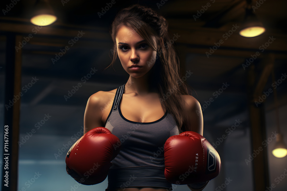 Girl wearing gym shorts and boxing gloves