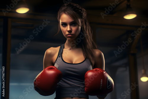 Girl wearing gym shorts and boxing gloves © Teerapat