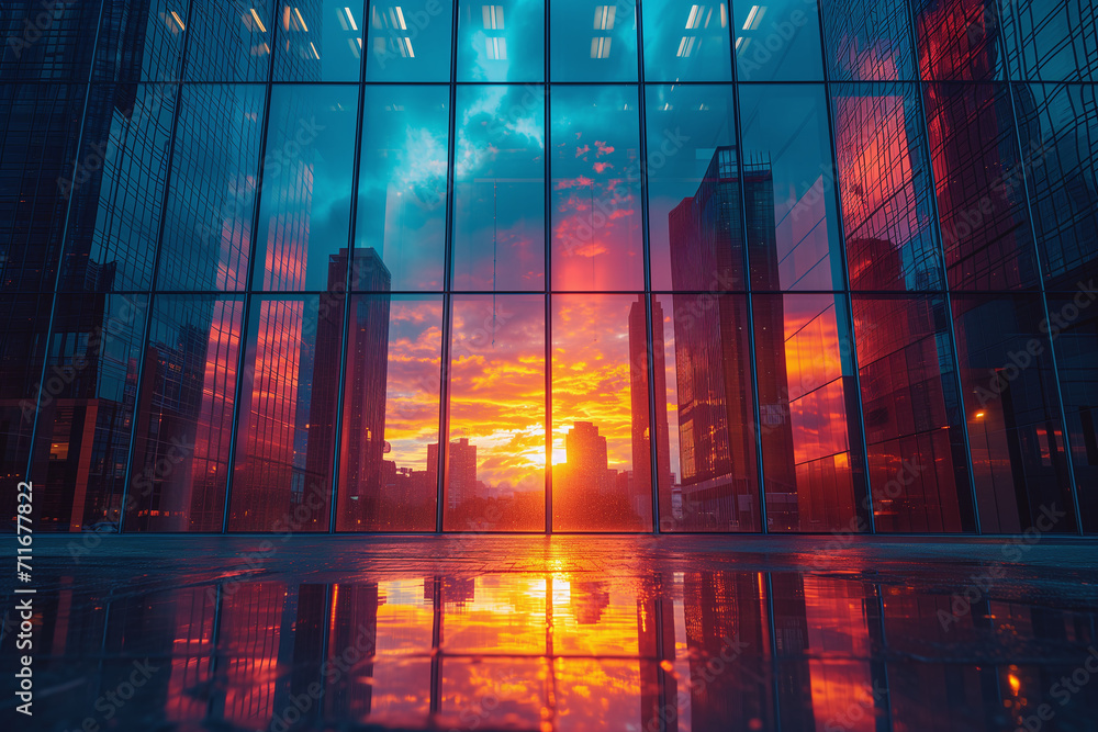 A vibrant sunset reflecting on modern architecture.