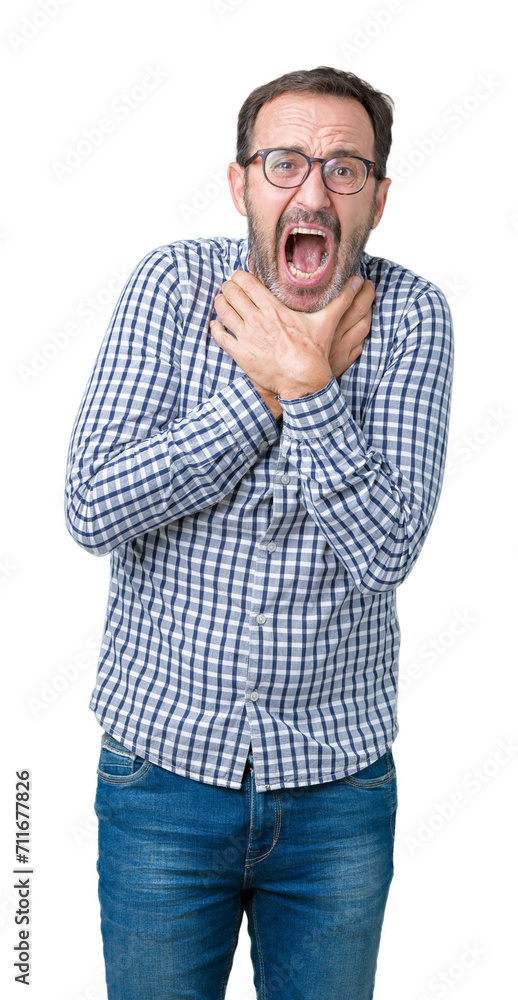 Handsome middle age elegant senior business man wearing glasses over isolated background shouting and suffocate because painful strangle. Health problem. Asphyxiate and suicide concept. Handsome middle age elegant senior business man wearing glasses over isolated background shouting and suffocate because painful strangle. Health problem. Asphyxiate and suicide concept.