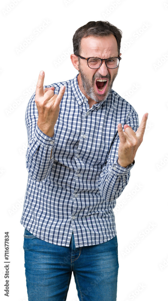 Handsome middle age elegant senior business man wearing glasses over isolated background shouting with crazy expression doing rock symbol with hands up. Music star. Heavy concept. Handsome middle age elegant senior business man wearing glasses over isolated background shouting with crazy expression doing rock symbol with hands up. Music star. Heavy concept.