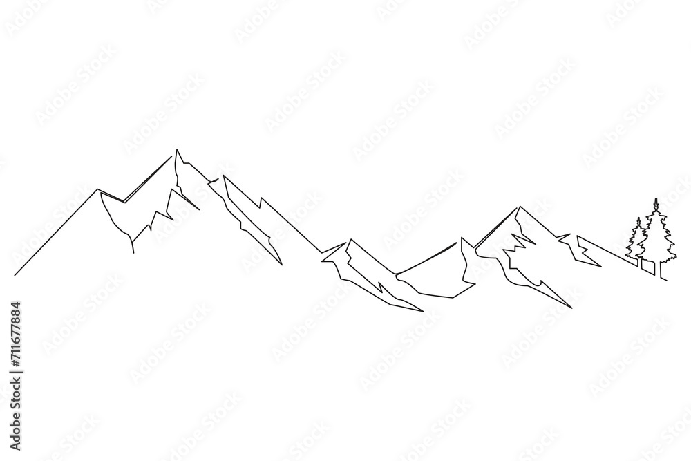 mountain range continuous One line drawing. Simple line drawing of mountains and sun. Modern one line nature illustration
