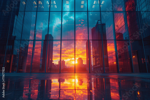 A vibrant sunset reflecting on modern architecture.