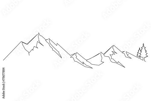 mountain range continuous One line drawing. Simple line drawing of mountains and sun. Modern one line nature illustration
 #711677884