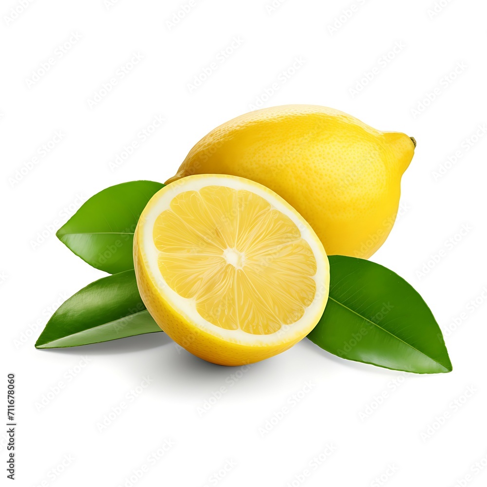 Group of ripe whole yellow lemon citrus fruit with lemon fruit half isolated on white background Group of ripe whole yellow lemon citrus fruit with lemon fruit half isolated on white background