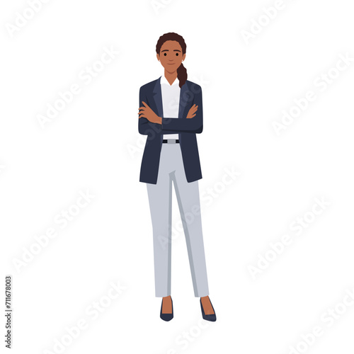 Young businesswoman standing with arms crossed and smiling wearing suit formal clothes. Flat vector illustration isolated on white background