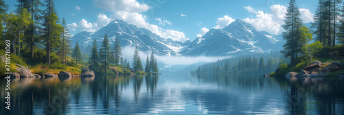 A serene mountain lake surrounded by towering pine trees and snow-capped peaks.