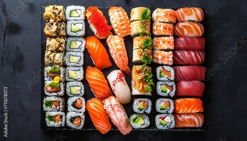 Japanese food photography. Nigiri, Sashimi, Maki, and Uramaki sushi.