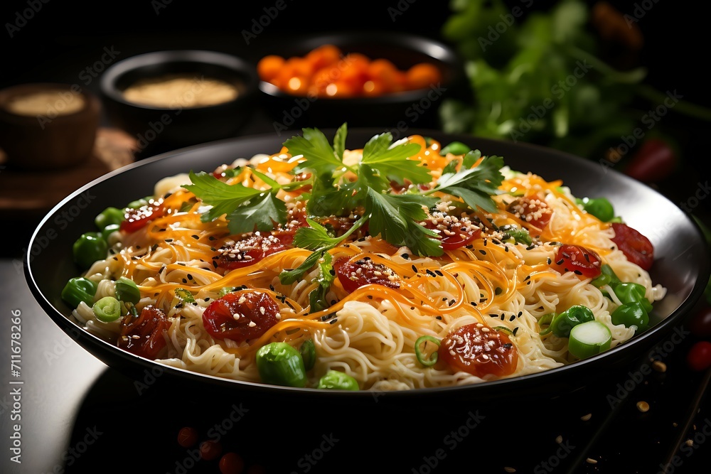 Noodles with chili sauce and coriander on dark background Noodles with chili sauce and coriander on dark background