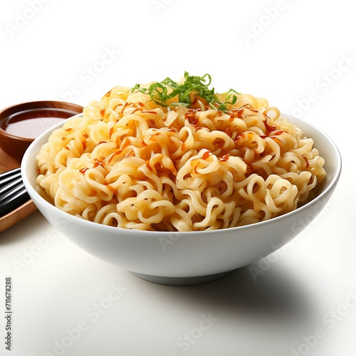 A white bowl of noodles with chopstick