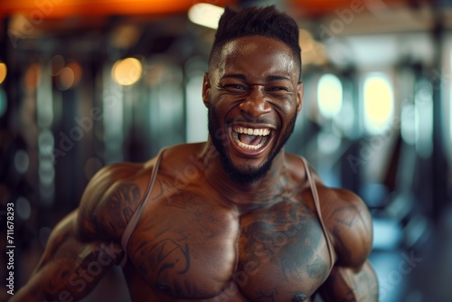 Portrait men healthy body weak smile in joy, in white gym background  © Nuttakarn