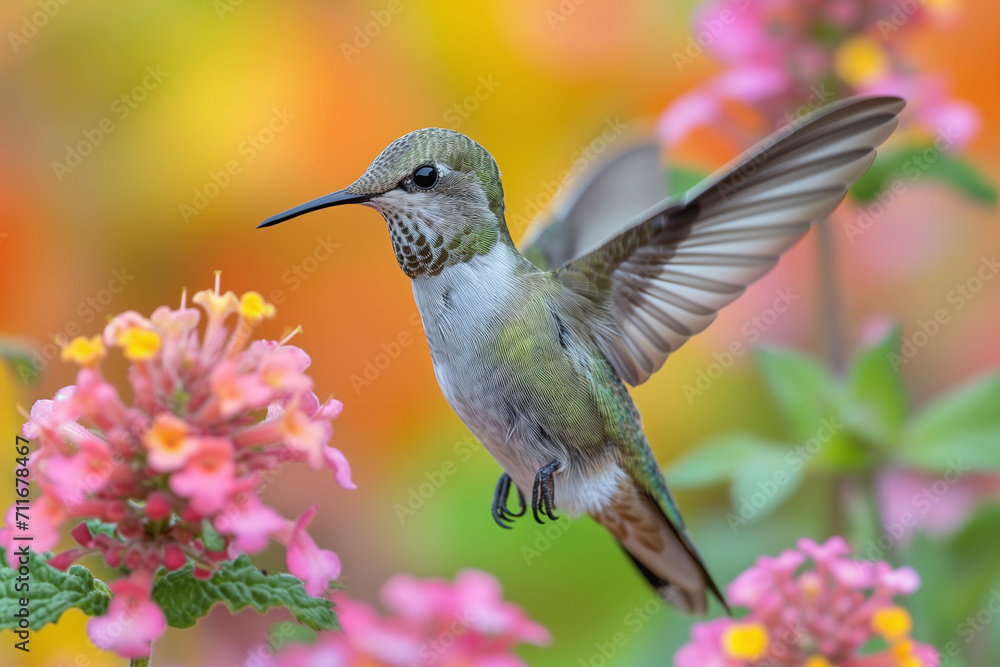 A hummingbird frozen in mid-air while hovering near a flower, highlighting its agility and delicate beauty. A hummingbird frozen in mid-air while hovering near a flower, highlighting its agility and delicate beauty.