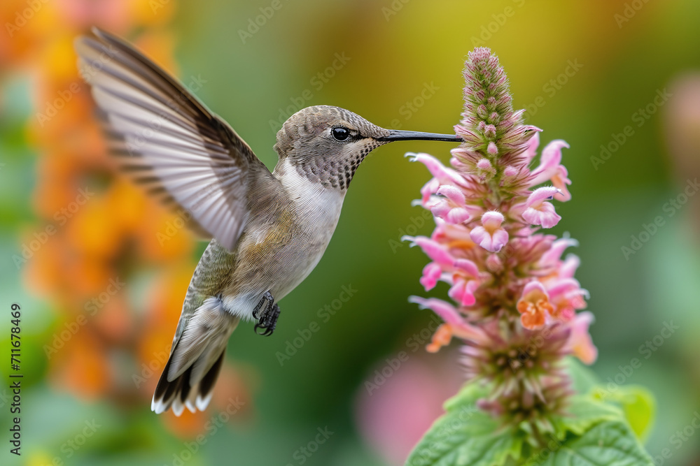 Fototapeta premium A hummingbird frozen in mid-air while hovering near a flower, highlighting its agility and delicate beauty.