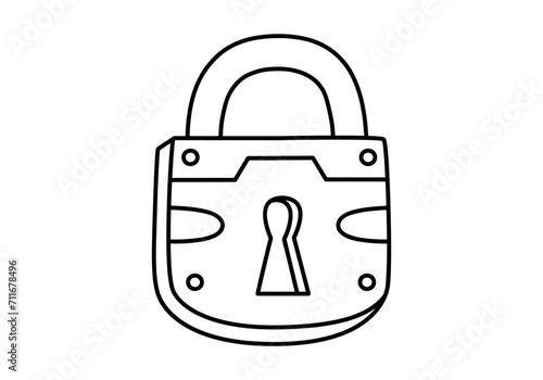 Hand drawn cute outline illustration of closed lock. Flat vector protection sticker in line art doodle style. Financial literacy or safety icon. Reliability and trust in banking. Security. Isolated.