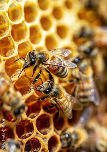 Close up of bees working on honeycomb, natural macro background © dvoevnore