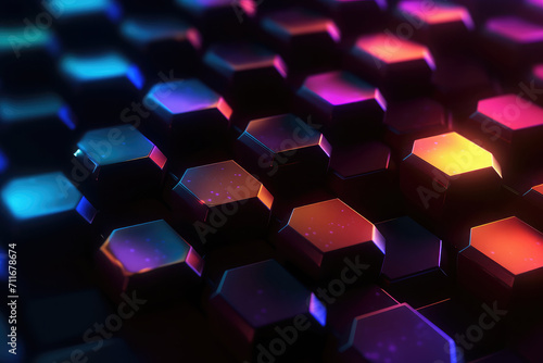 Hexagonal geometric ultra wide background. Abstract colorful of futuristic. Sci fi banner, cover. 3d render illustration.