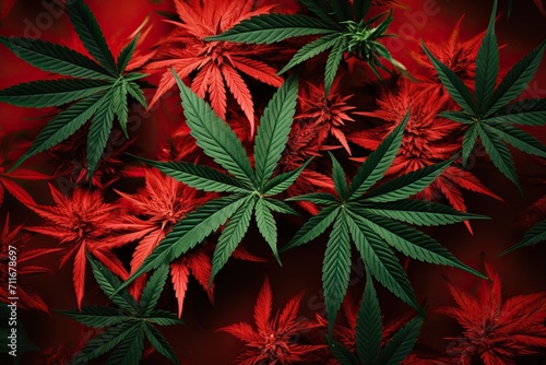 Marijuana leaves are green and red on a red background.