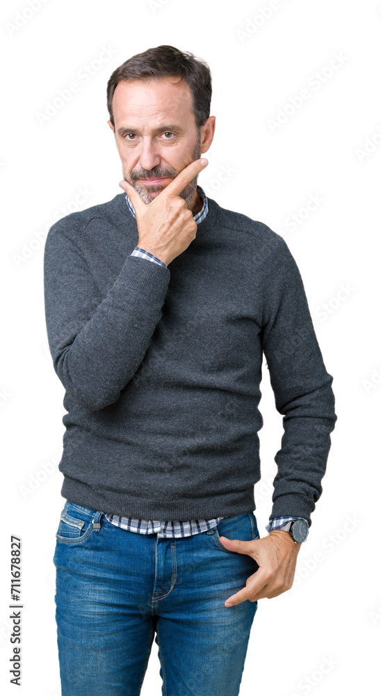 Handsome middle age senior man wearing a sweater over isolated background looking confident at the camera with smile with crossed arms and hand raised on chin. Thinking positive. Handsome middle age senior man wearing a sweater over isolated background looking confident at the camera with smile with crossed arms and hand raised on chin. Thinking positive.