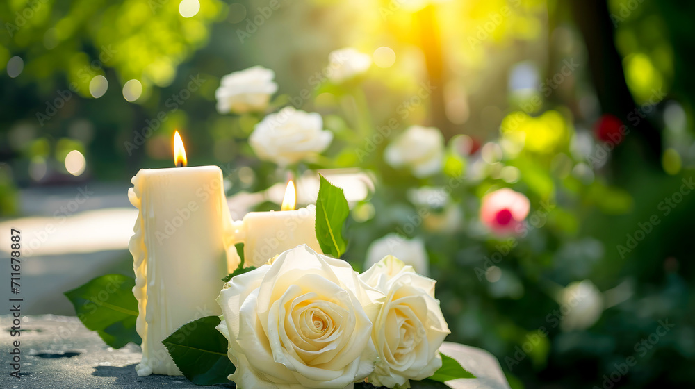 Funeral white flowers and white candles near the memorial outdoors close-up Funeral white flowers and white candles near the memorial outdoors close-up