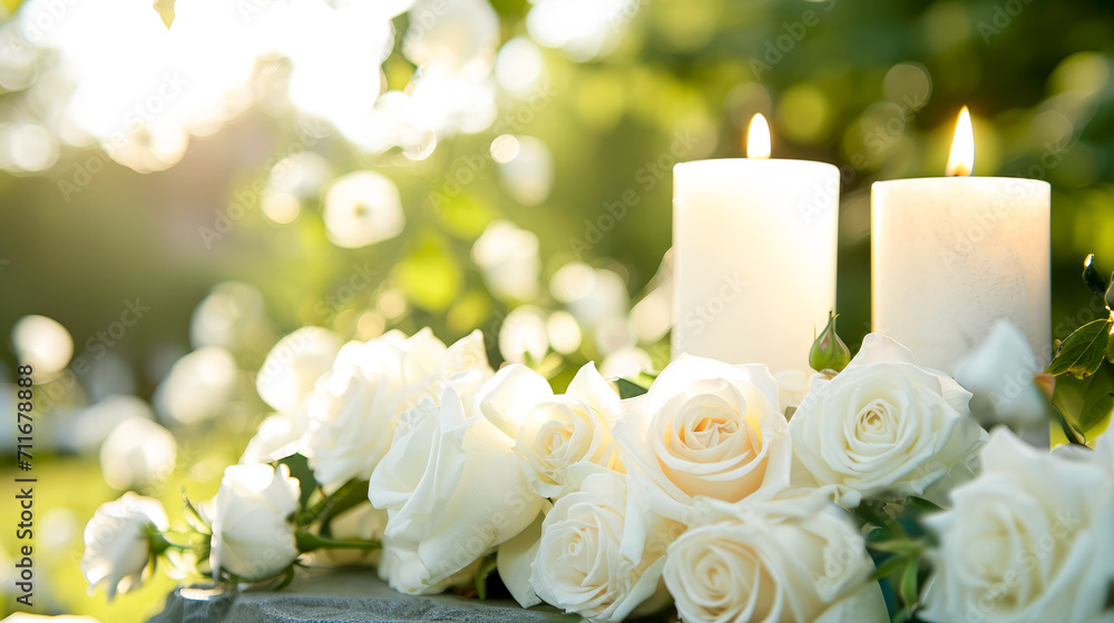 Obraz premium Funeral white flowers and white candles near the memorial outdoors close-up