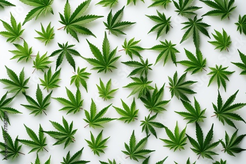 Green leaves of marijuana on a white background.