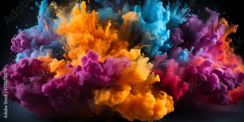 Explosion of colored powder isolated on black background photo
