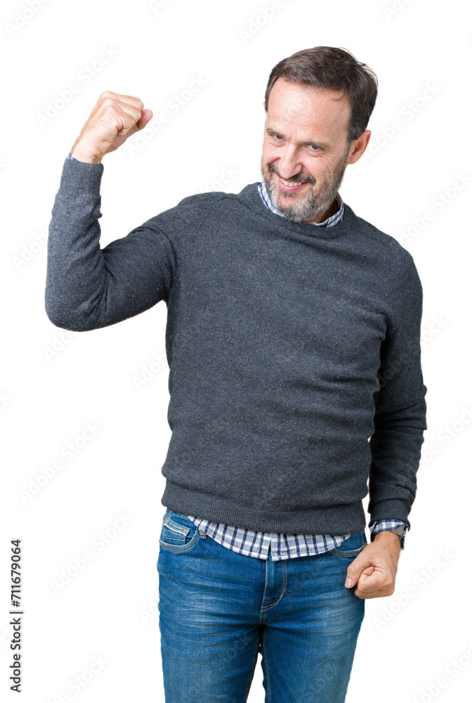 Handsome middle age senior man wearing a sweater over isolated background Strong person showing arm muscle, confident and proud of power Handsome middle age senior man wearing a sweater over isolated background Strong person showing arm muscle, confident and proud of power