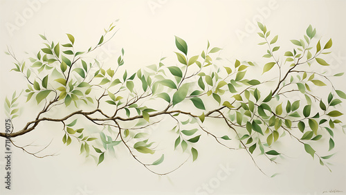 Tree branch with green leaves on a white background. Vector illustration.