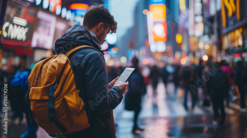 Ein männlicher Tourist oder Student in einer Stadt sucht den Weg oder Informationen auf dem Handy