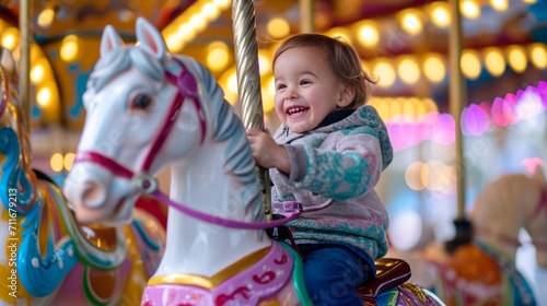 Adolescent laughing while riding a vibrant carousel with an Easter motif