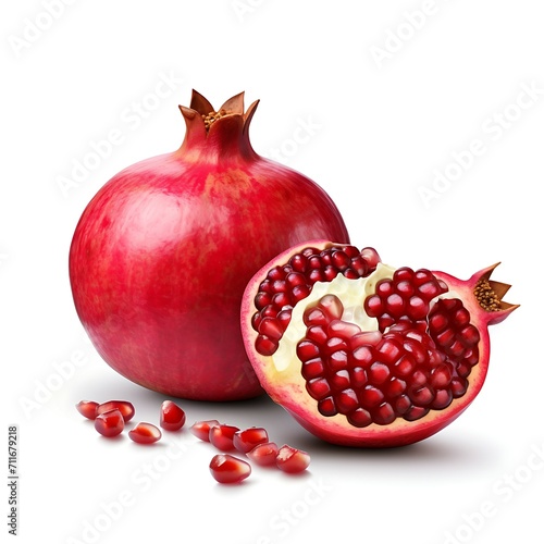 One whole pomegranate fruit with slice isolated on white background