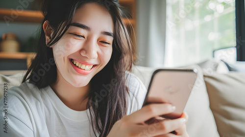 Smiling young beauty asian woman at home relaxed texting using mobile phone, technology communication concept