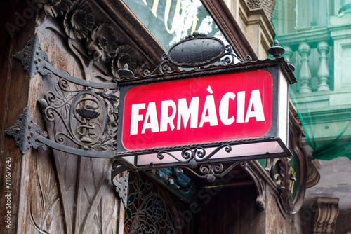 Modernist Pharmacy sign (Farmacia in Spanish), El Eixample neighborhood, Barcelona, Catalonia, Spain, Europe