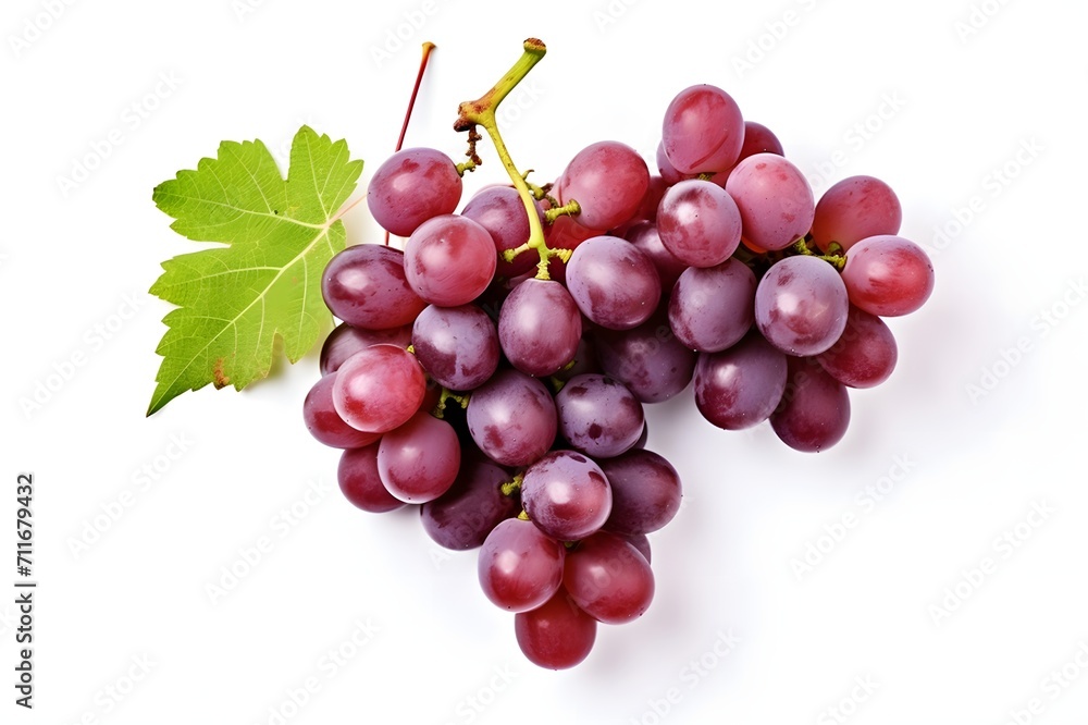 Red grape bunch and leaf isolated on white background