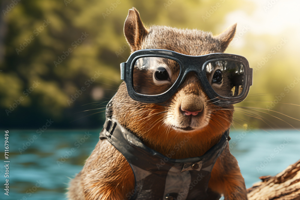 squirrel with swimming goggles